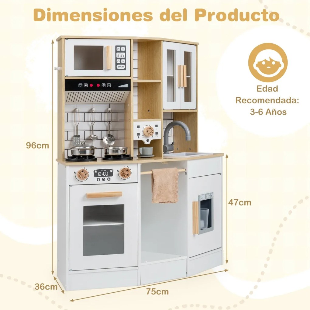 Cozinha de brincar para crianças 75 x 36 x 96 cm de madeira com som e luz Fogão Pia Exaustor Acessórios de cozinha Branco e Natural