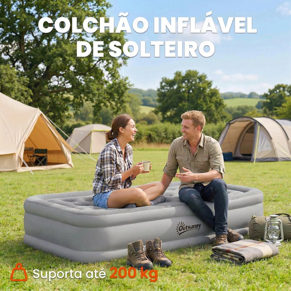 Colchão Insuflável Individual Dobrável com Bomba, Enchimento em 3 Minutos, Esvaziamento em 2 Minutos, Bolsa, Suporta até 200 kg, 190x97x39 cm, Cinzent