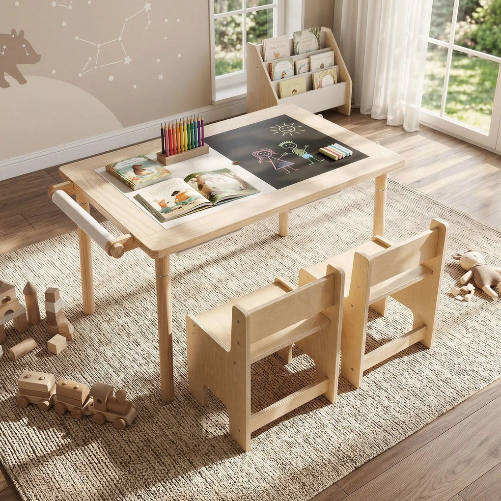 Conjunto de Mesa de Atividades Infantil com 2 Cadeiras, 86 x 55 x 51 cm, Multifuncional 6 em 1, Natural