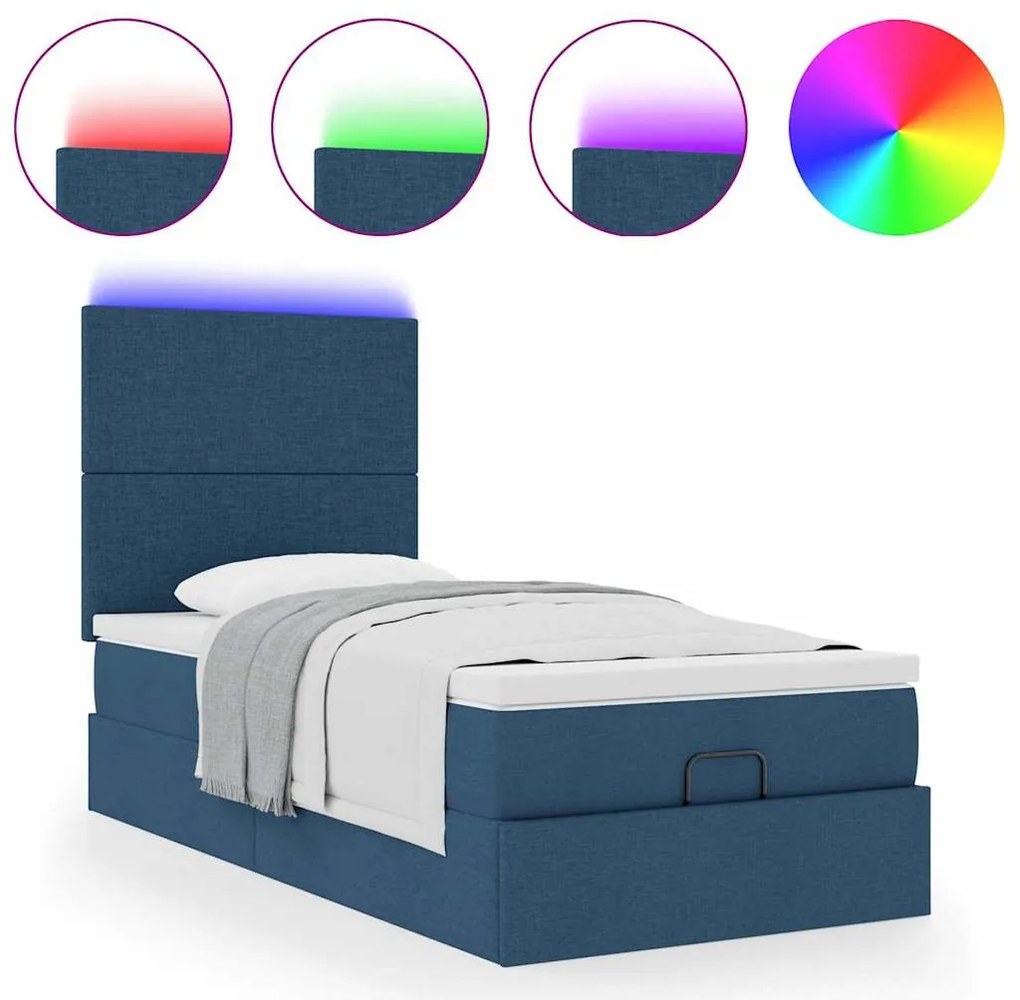 Cama Otomana com Colchão &amp; LEDs Tecido Azul 90x200 cm