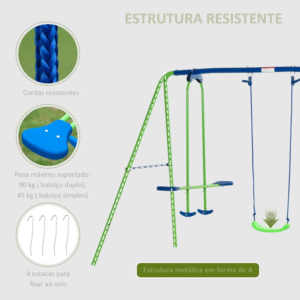 Conjunto de Baloiços de Jardim de Metal com Altura Ajustável Baloiços para Crianças acima de 3 Anos com Baloiço Duplo Baloiço para Pátio Exterior 280x