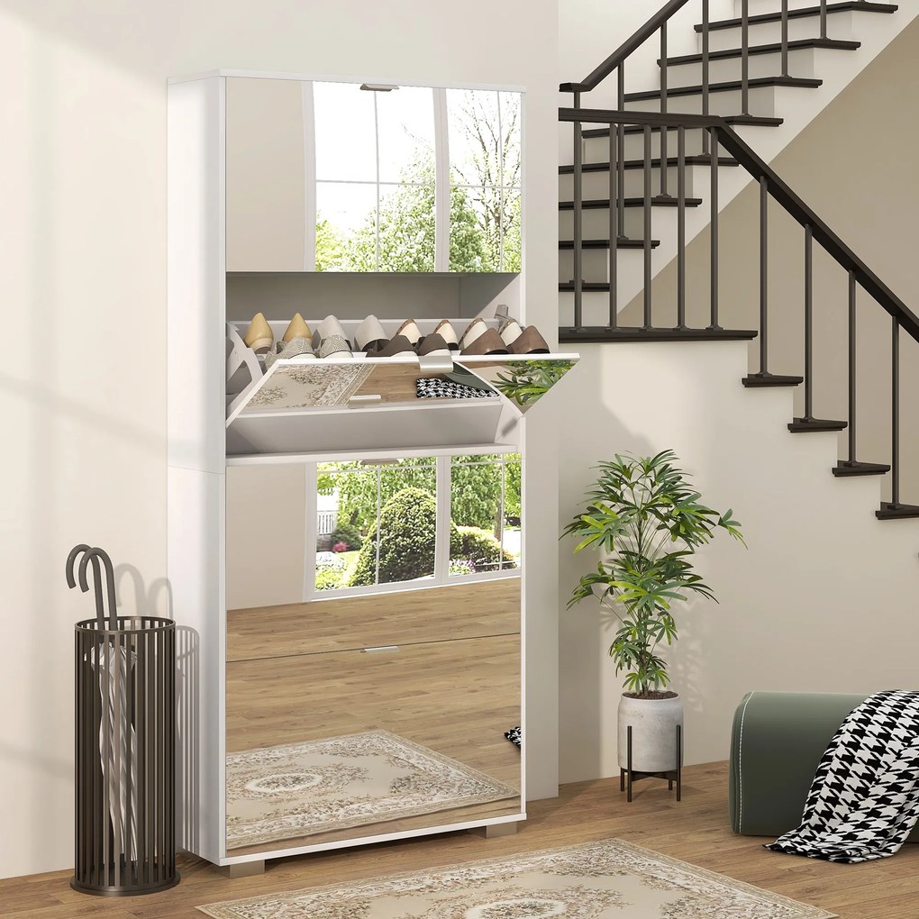 Sapateira 2 em 1 com frentes espelhadas 76 x 26 x 168  cm, 4 portas basculantes, prateleiras ajustáveis, capacidade para até 24 pares, branco
