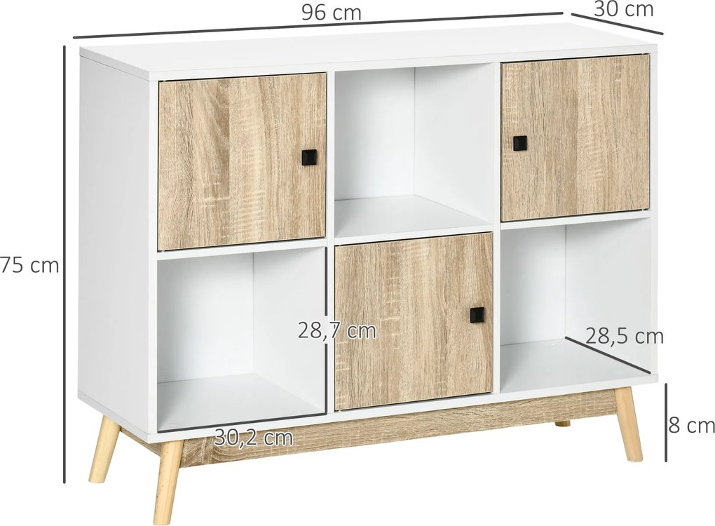 Móvel de arrumação com 9 cubos, 3 portas e 3 compartimentos abertos, pés em madeira de pinho 96 x 30 x 75 cm, branco e natural