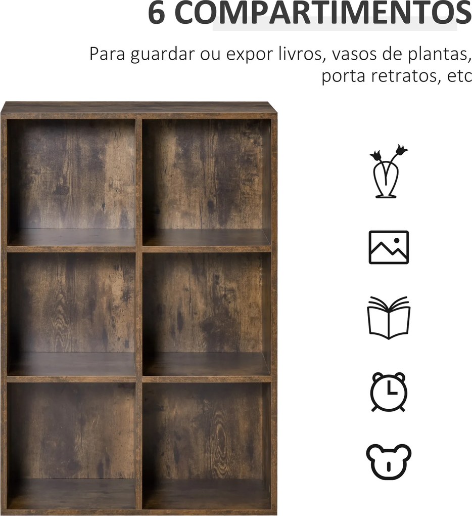 Estante de 3 Níveis Prateleira para Livros com 6 Cubos de Arrumação para Escritório 65,5x30x97,5 cm Castanho Rústico