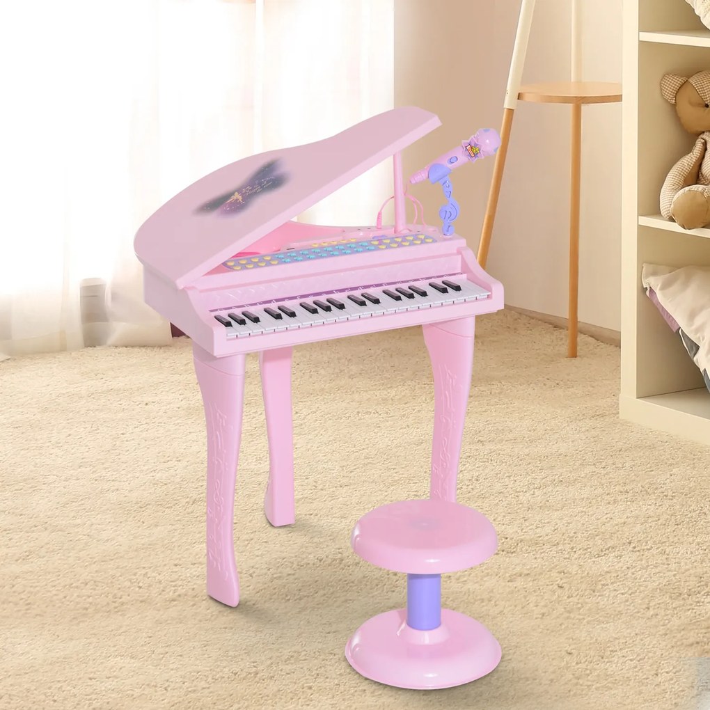 Piano infantil 37 Teclas com Microfone Banquinho Luzes e 22 Canções USB/MP3