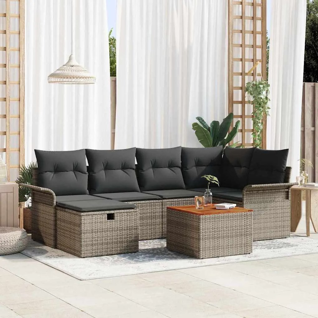 Conjunto de Sofás de Jardim de 7 Peças com Almofadas Cinza Rattan Poli