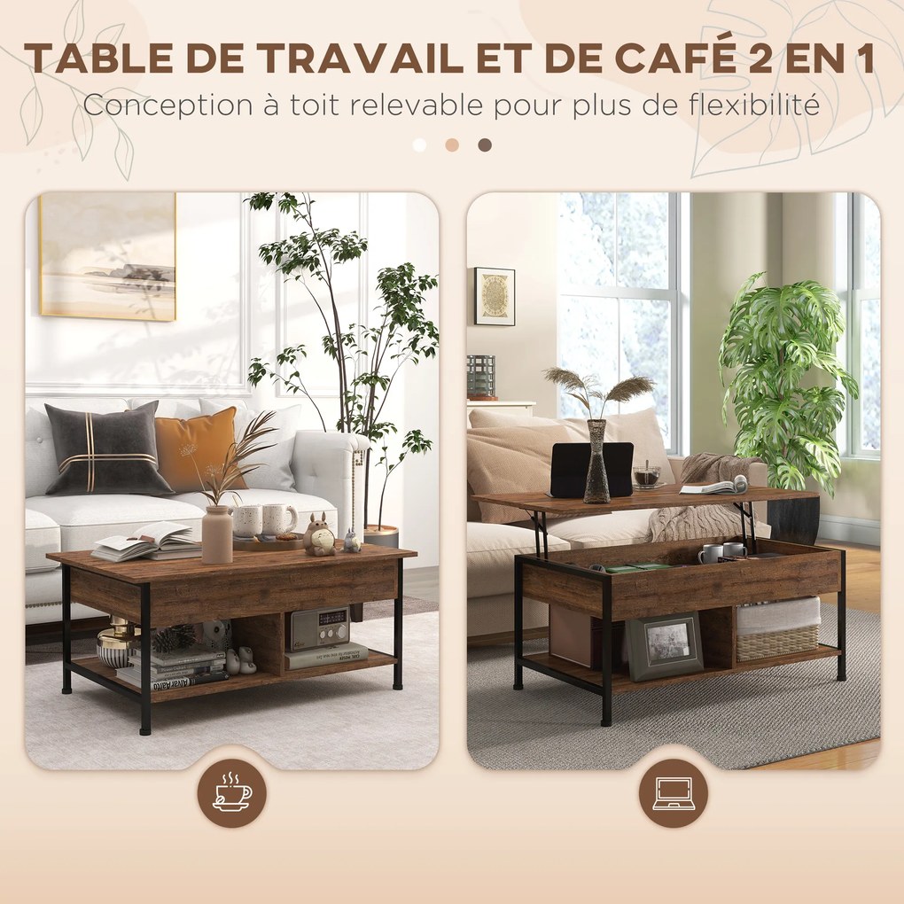 Mesa de centro  100 x 80 x 60 cm elevável com compartimento oculto, 2 prateleiras inferiores,, castanho rústico e preto