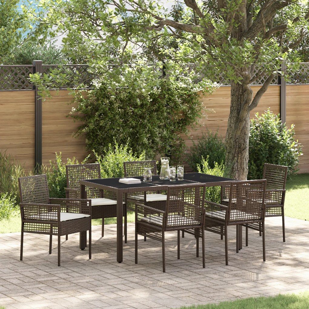 Conjunto de Jantar para Jardim de 7 Peças com Almofadas em Rattan Sintético Castanho