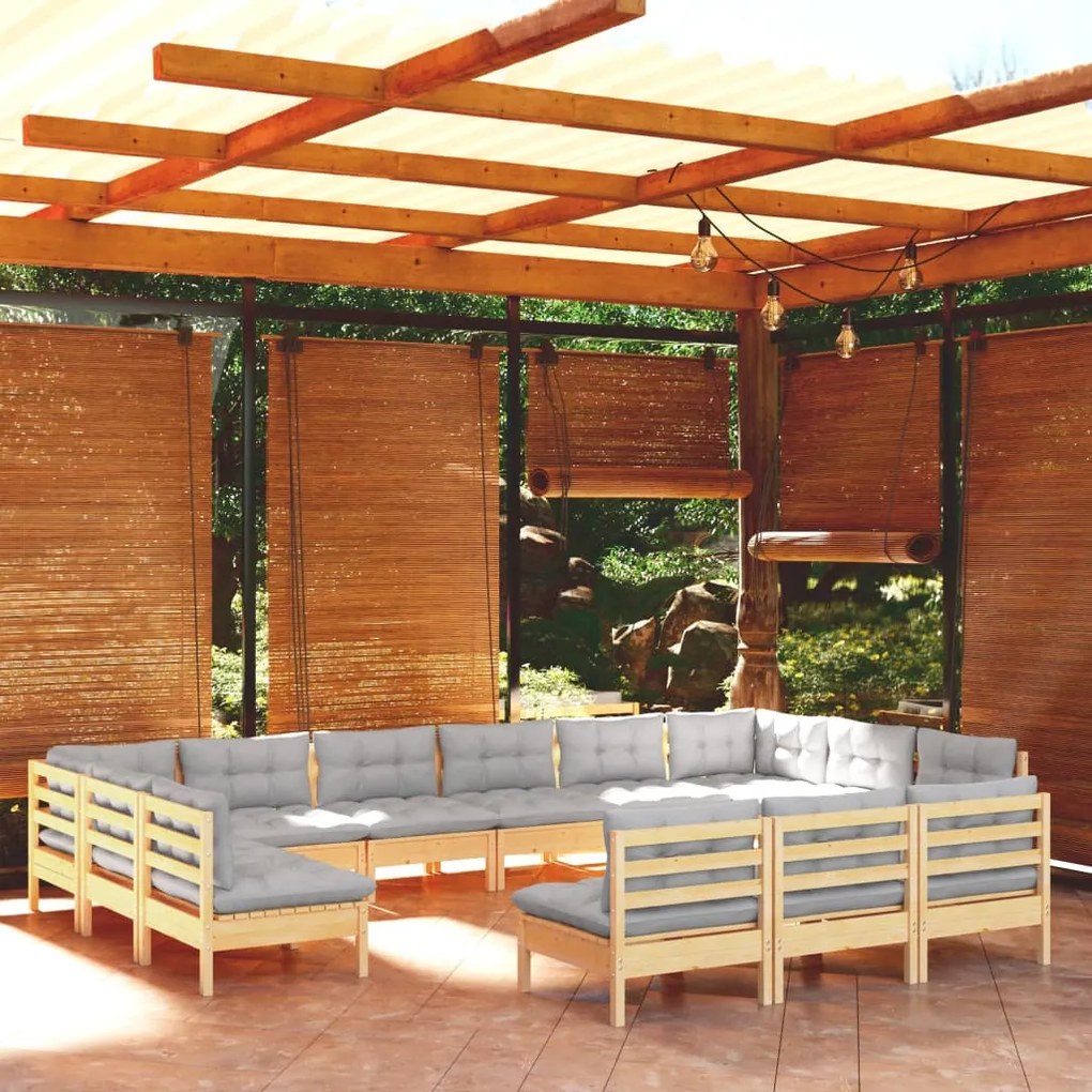 13pcs conjunto lounge de jardim + almofadões cinza pinho maciço