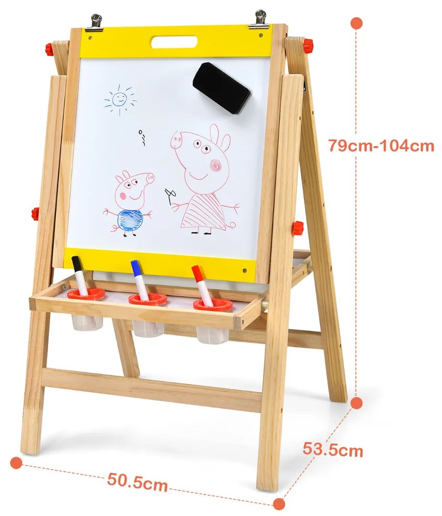 Cavalete 3 em 1 dobrável para crianças duplo de madeira para pintar ajustável em altura com apagador 3 copos de pintura Amarelo