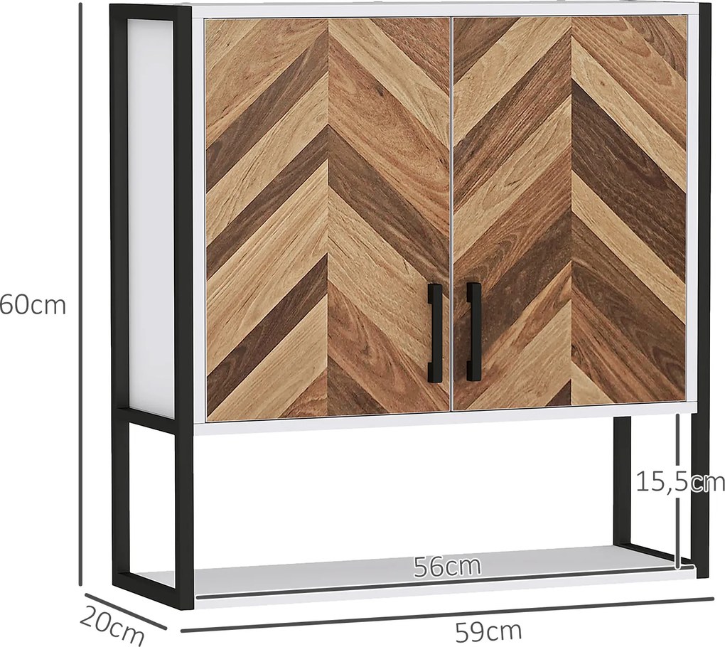 Armário de Parede para Casa de Banho com 2 Portas Prateleiras Ajustáveis e Prateleira Aberta 59x20x60 cm Branco e Madeira