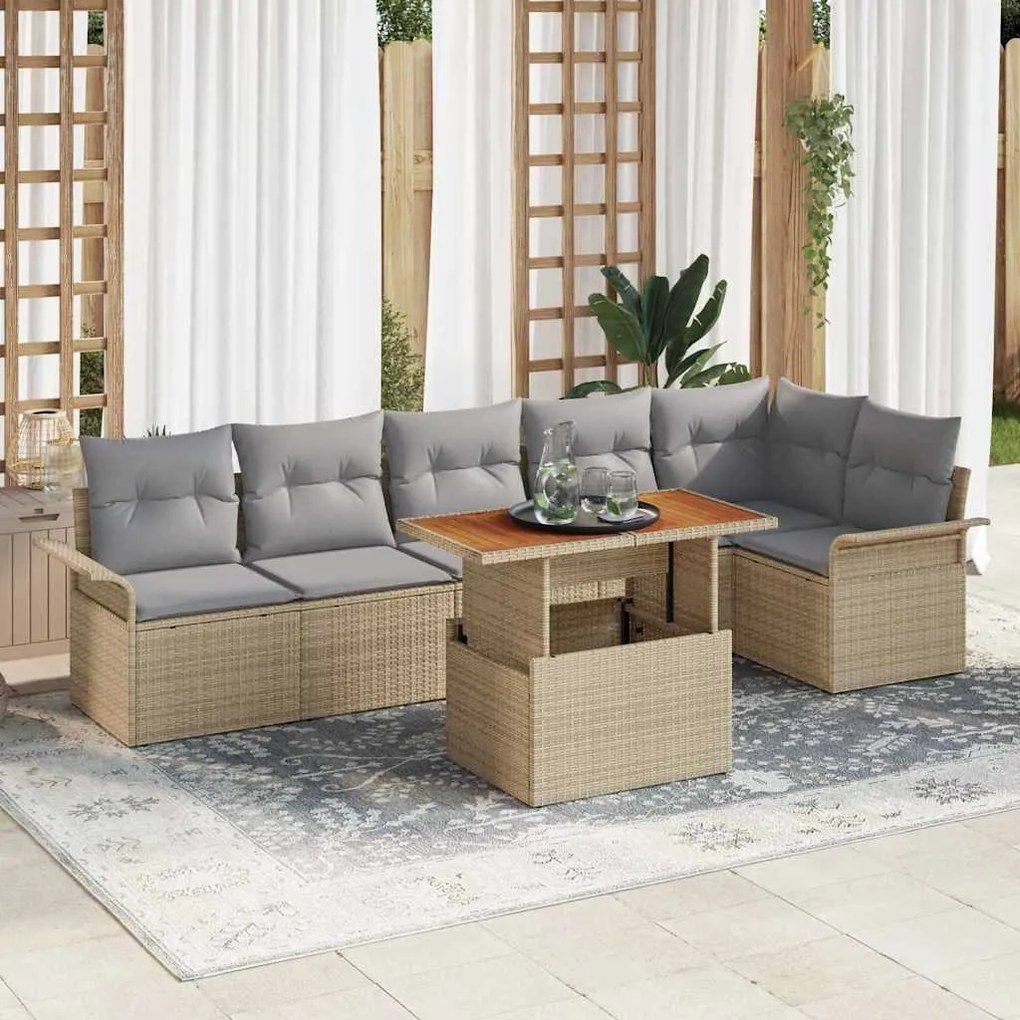 vidaXL Conjunto de Jantar de Jardim 7 Peças com Almofadas Beje em Rattan e Poliéster