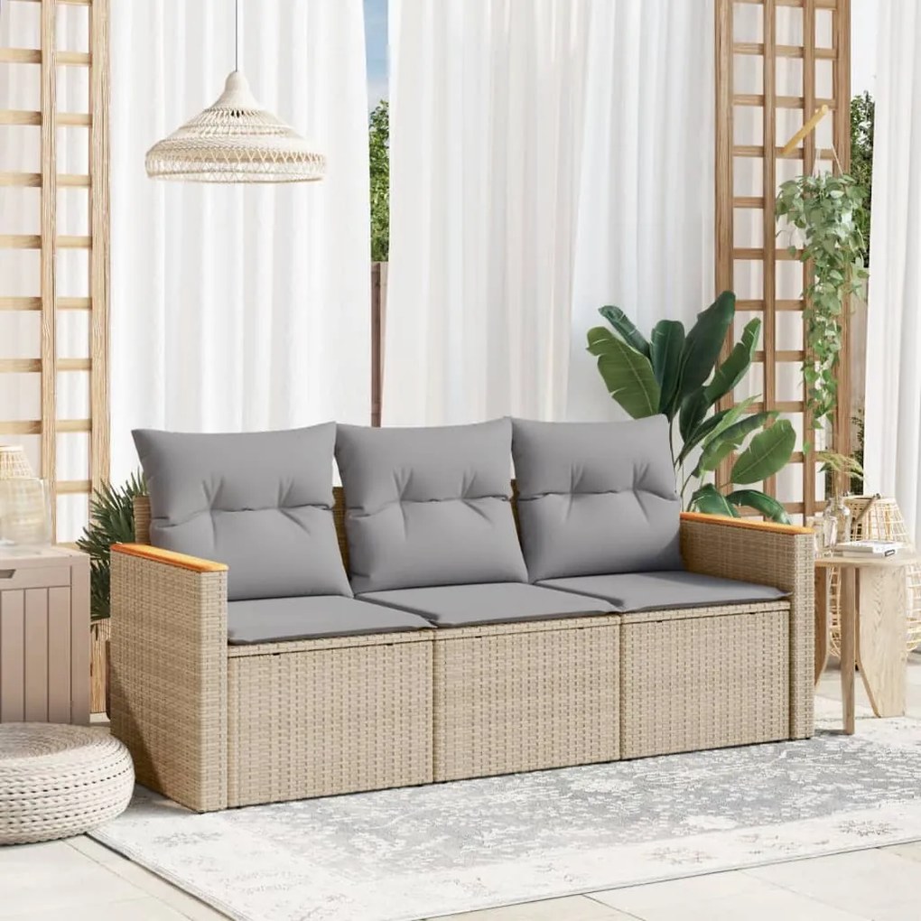 vidaXL 3 pcs conjunto de sofás p/ jardim com almofadões vime PE bege