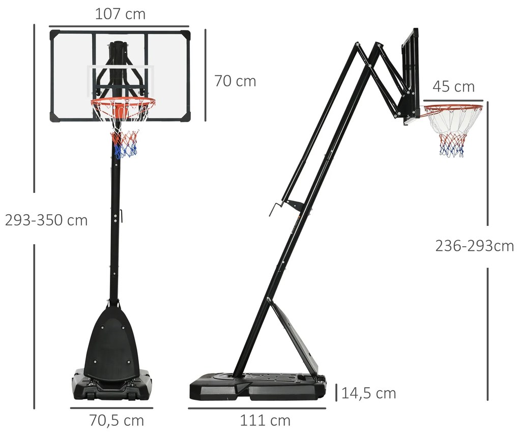 SPORTNOW Tabela de Basquetebol com Altura Ajustável 293-350 cm Tabela