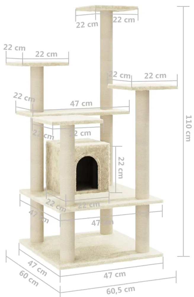 Árvore para gatos c/ postes arranhadores sisal 110 cm cor creme