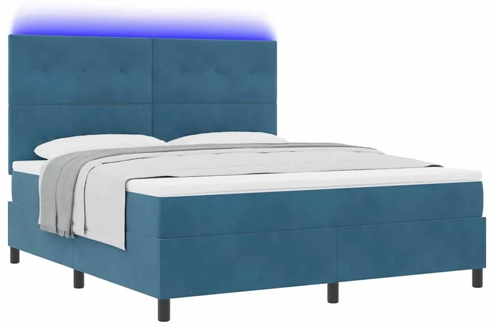 Cama Box Spring vidaXL com Colchão e LED Azul Escuro 180x200 cm Veludo