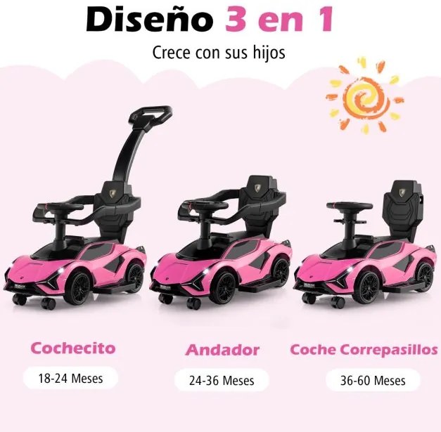 Carrinho de bebé deslizante 3 em 1 com corrimão e guiador amovíveis Música e faróis Rodas Carrinho de bebé Rosa