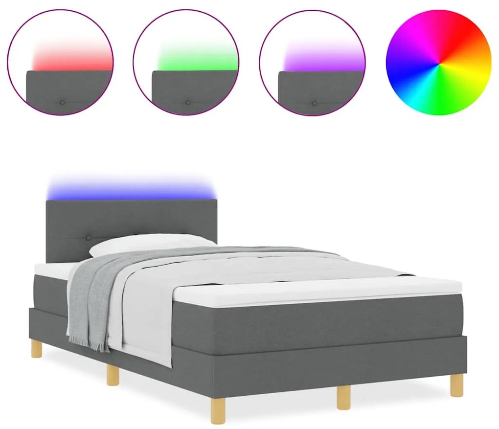 Cama Box com Colchão e LED Cinza Escuro 120x200 cm Tecido