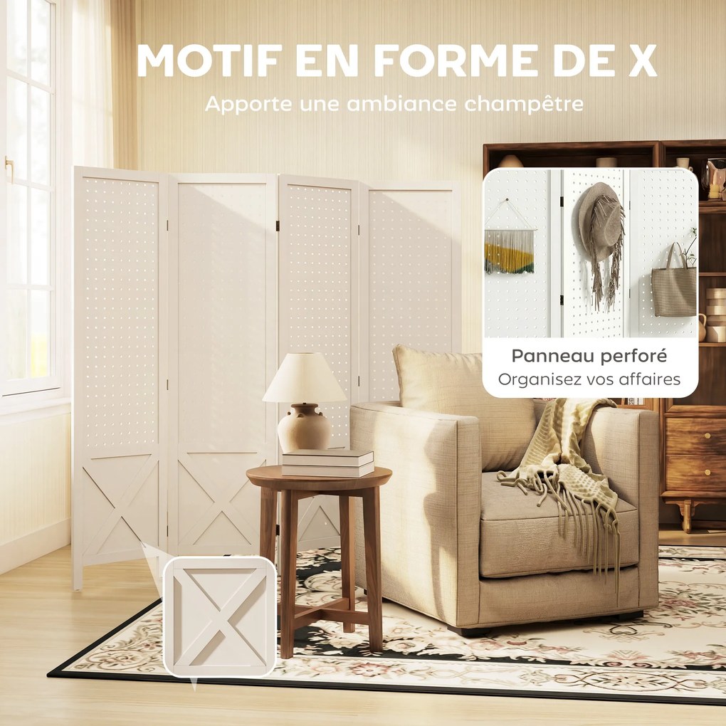 Biombo de interior em madeira, com 4 painéis, divisória dobrável, painel perfurado, 152 x 1,7 x 144,5 cm, branco