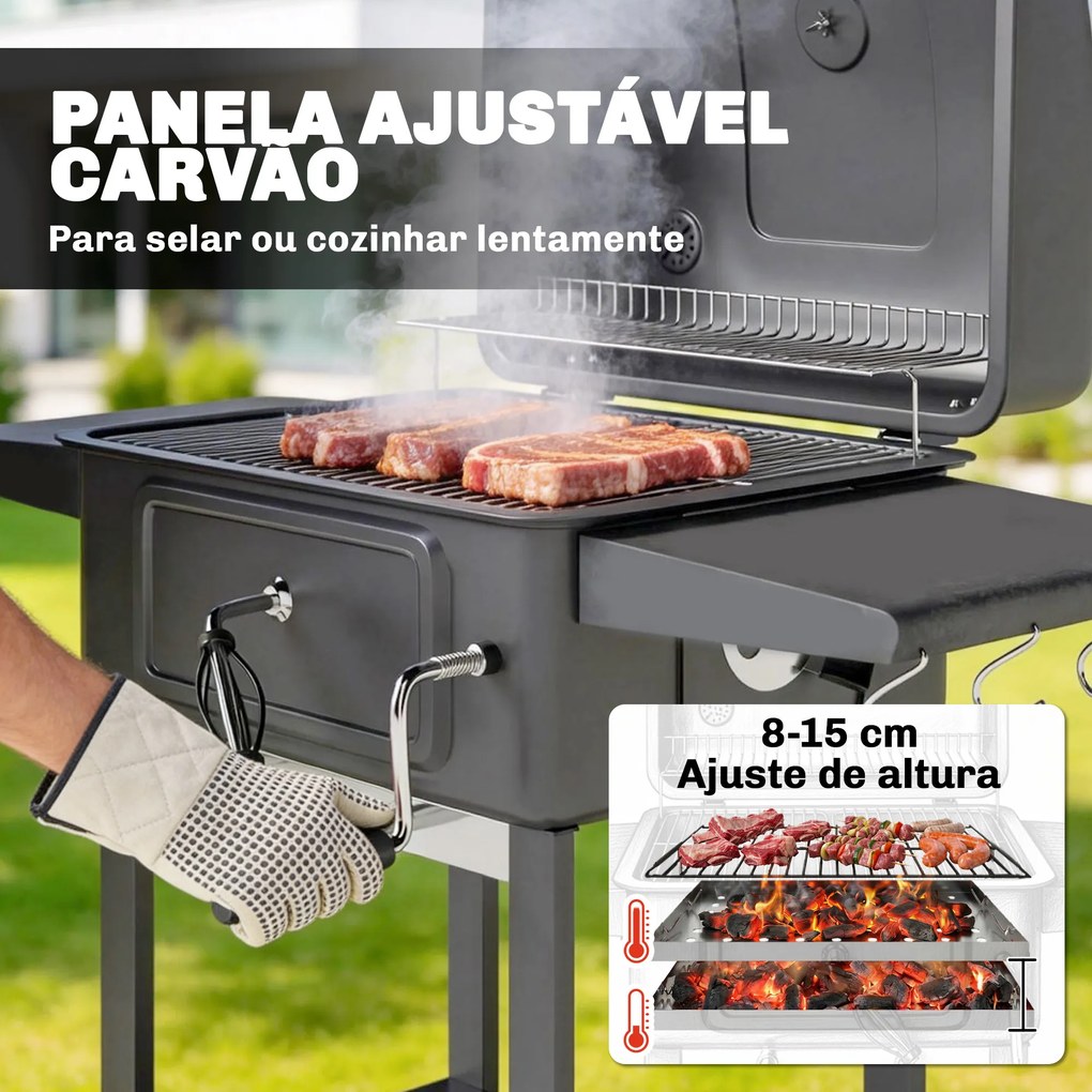 Grelhador a Carvão Portátil com Bandeja e Ventilação Ajustável Grelha Grande Prateleiras Laterais Termómetro 112x65x115 cm Preto