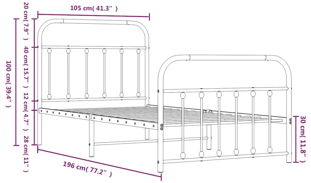 Estrutura de cama com cabeceira e pés 100x190 cm metal branco