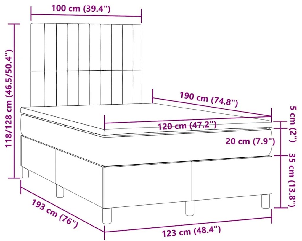 Cama box spring c/ colchão e LED 120x190 cm tecido azul