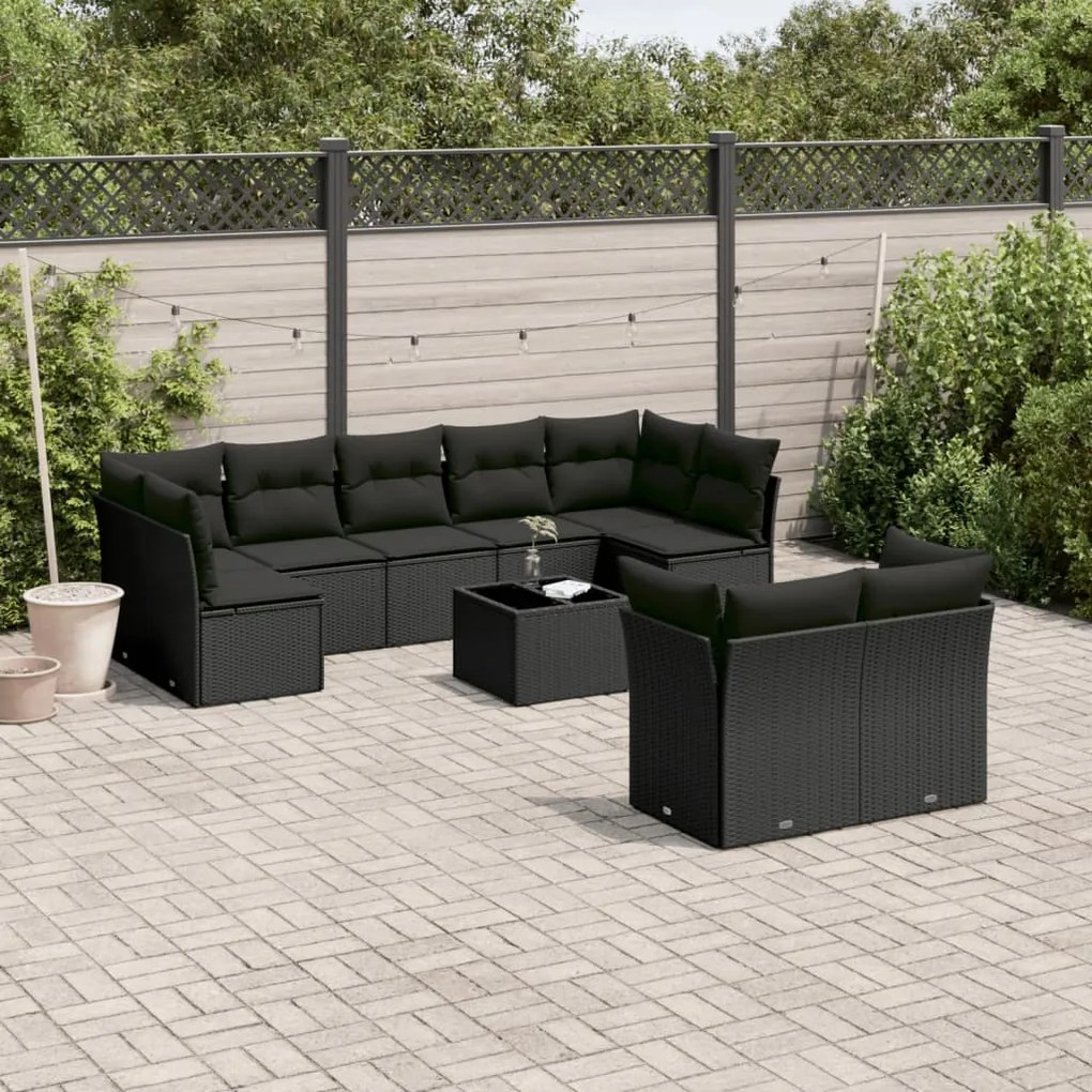 10 pcs conjunto sofás de jardim c/ almofadões vime PE preto