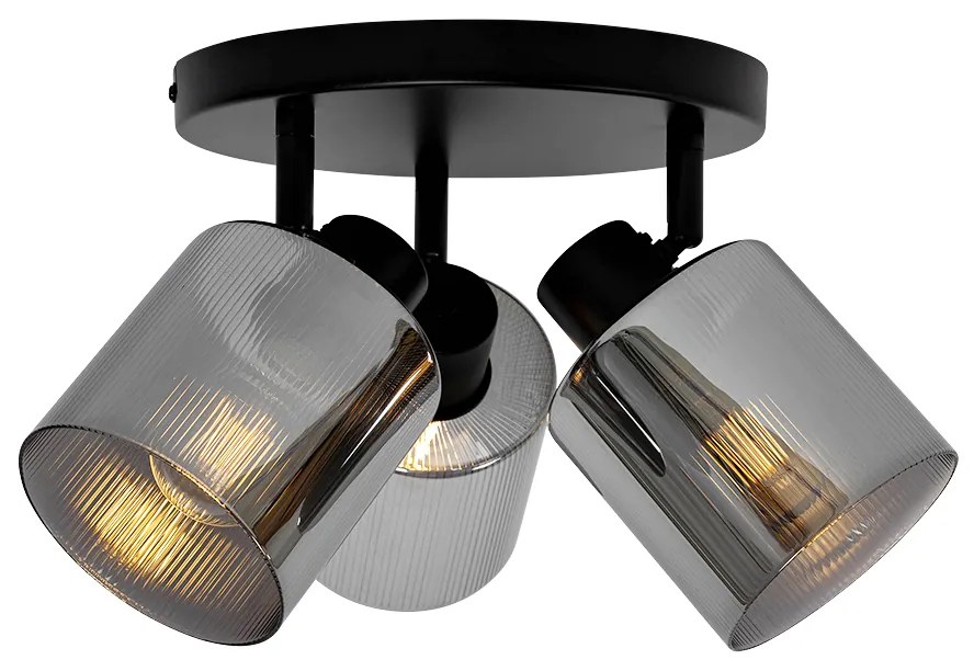 Candeeiro de teto spot preto com vidro fumê redondo 3-luzes ajustável - Laura Art Deco