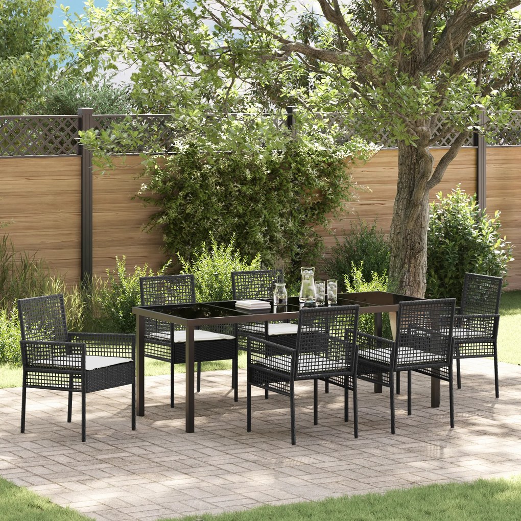 vidaXL Conjunto de Jantar para Jardim de 7 Peças com Almofadas Pretas em Rattan Sintético