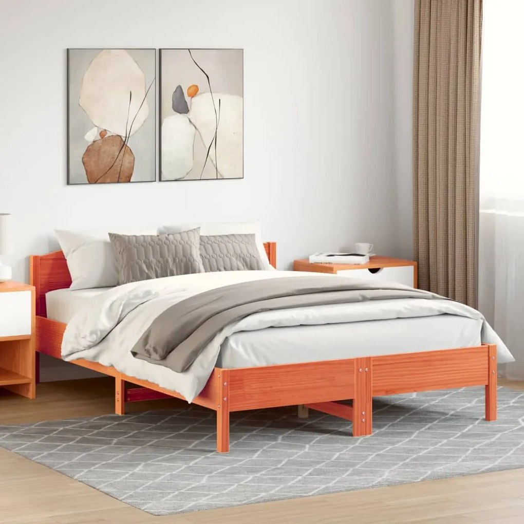 Cama sem colchão 140x200 cm madeira pinho maciça castanho-mel