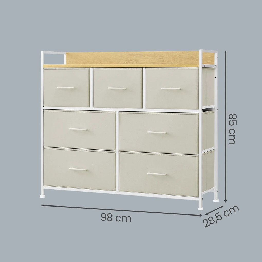Cómoda de 7 gavetas 28,6 x 98,1 x 85,1 cm, frentes das gavetas em tecido com puxadores  creme-bege