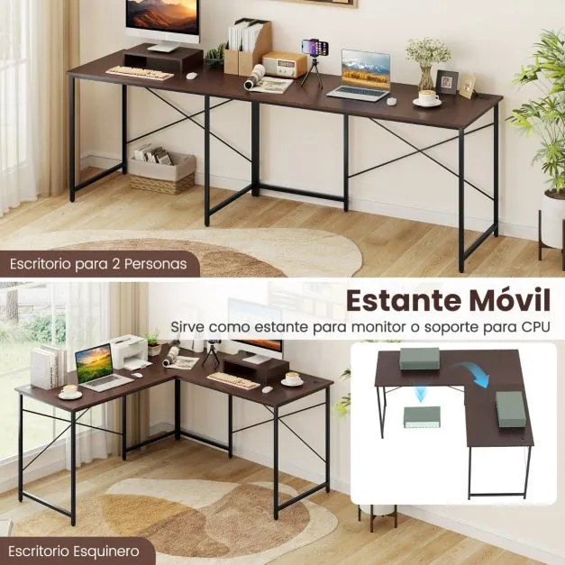Secretária em forma de L reversível de 150 cm para computador com régua elétrica integrada Suporte para monitor/host para escritório Castanho escuro
