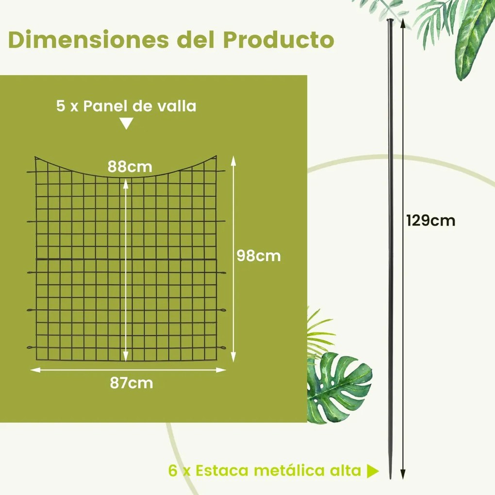 Cerca decorativa jardim com 5 painéis e 6 estacas Barreira exterior com revestimento em pó 87 X 98 cm Preto