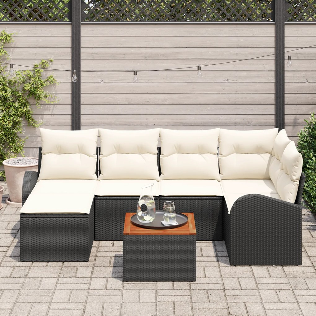 Conjunto de Sofá de Jardim com 7 Peças com Almofadas Preto Rattan Poli