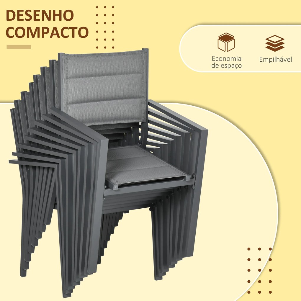 Outsunny Conjunto Móveis de Jardim 9 Peças Conjunto de Refeição para Varanda com Mesa Extensível 8 Cadeiras Empilháveis Estrutura de Alumínio e Assento de Textilene 135-270x89x74cm Cinza