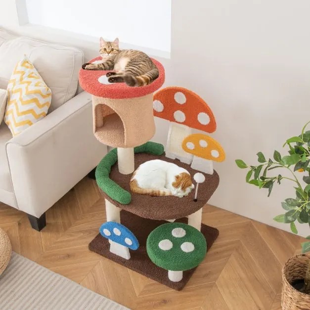 Arranhador para gatos 4 em 1 formato cogumelos Plataforma com Postes de Sisal e Tábuas de Arranhar Multicolor