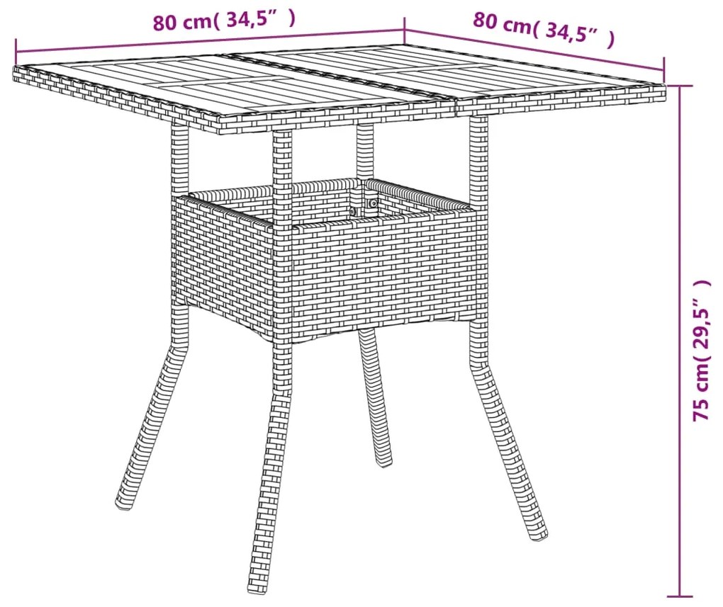 Mesa de jardim com tampo em acácia 80x80x75 cm vime PE preto