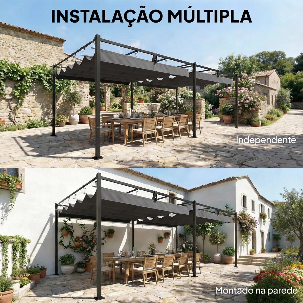 Pérgola de Jardim 6x3 m com Telhado Retrátil Proteção UPF50+ Drenagem Pavilhão de Jardim para Pátio Exterior Cinzento Escuro