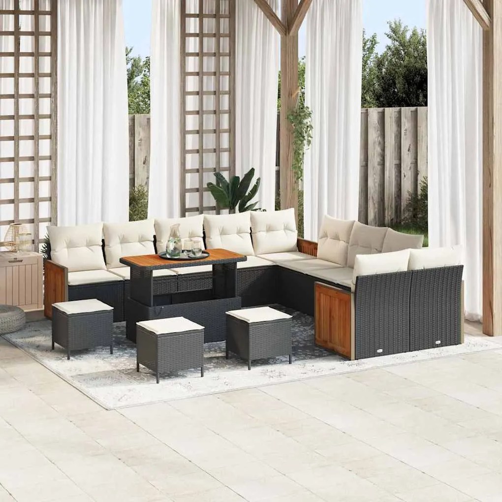 Conjunto de Sofá de Jardim vidaXL 14 peças com Almofadas Preto Vime Si