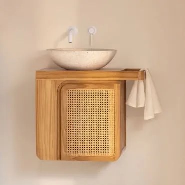 Conjunto De Móvel De Casa De Banho Suspenso Em Madeira De Teca Georgy Madeira De Teca & Cimento Redondo Branco Ø40 Cm Zavion & Sem Espelho - Sklum