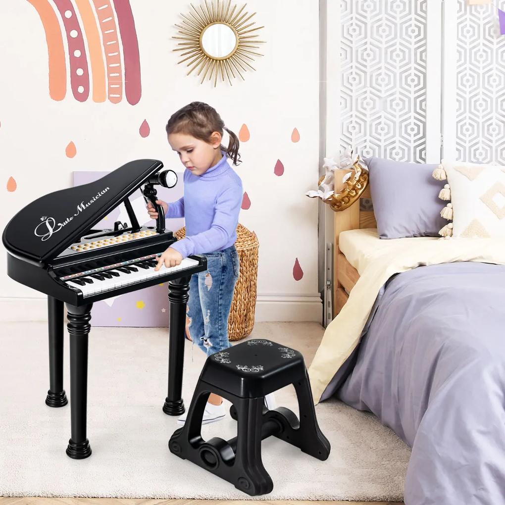 Teclado de piano eletrónico infantil com 31 teclas, piano de brinquedo portátil com banco e microfone LED 35 x 30 x 55 cm Preto