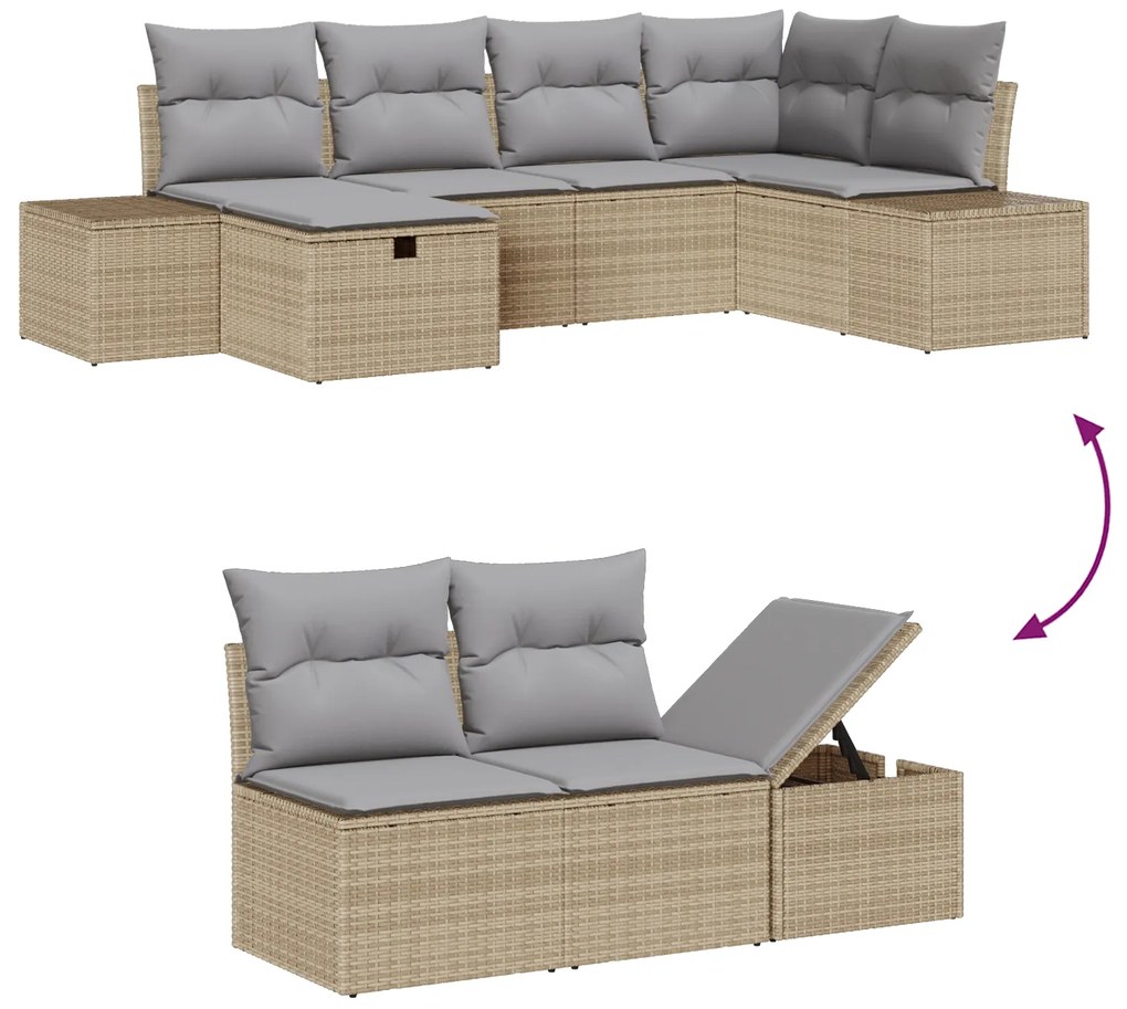 Conjunto de Sofás 6 peças com Almofadas Bege de Rattan Poliéster