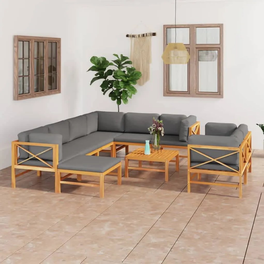 vidaXL 10 pcs conj. lounge jardim c/ almofadões cinzentos teca maciça