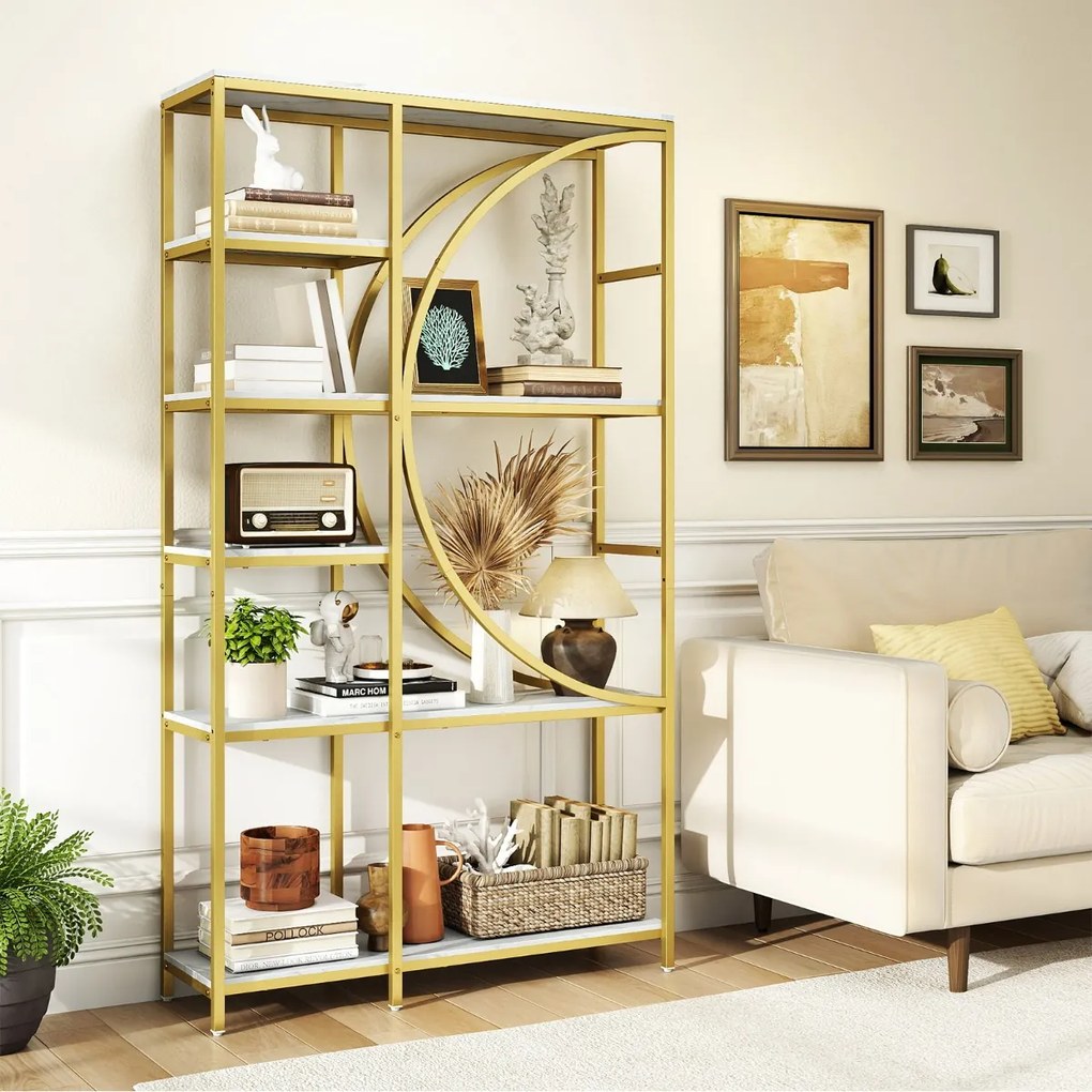 Estante de 6 níveis 100 x 30 x 177 cm com prateleiras de armazenamento abertas Branca e dourado