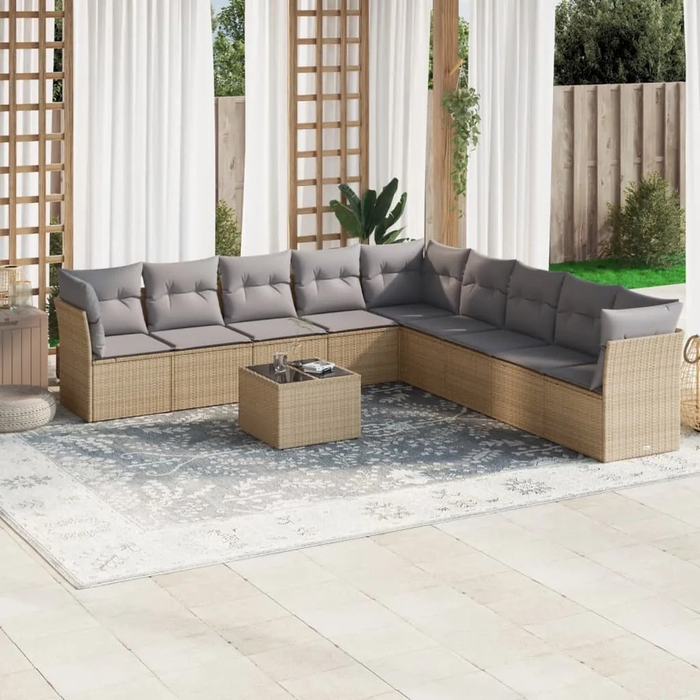 10 pcs conjunto de sofás p/ jardim com almofadões vime PE bege