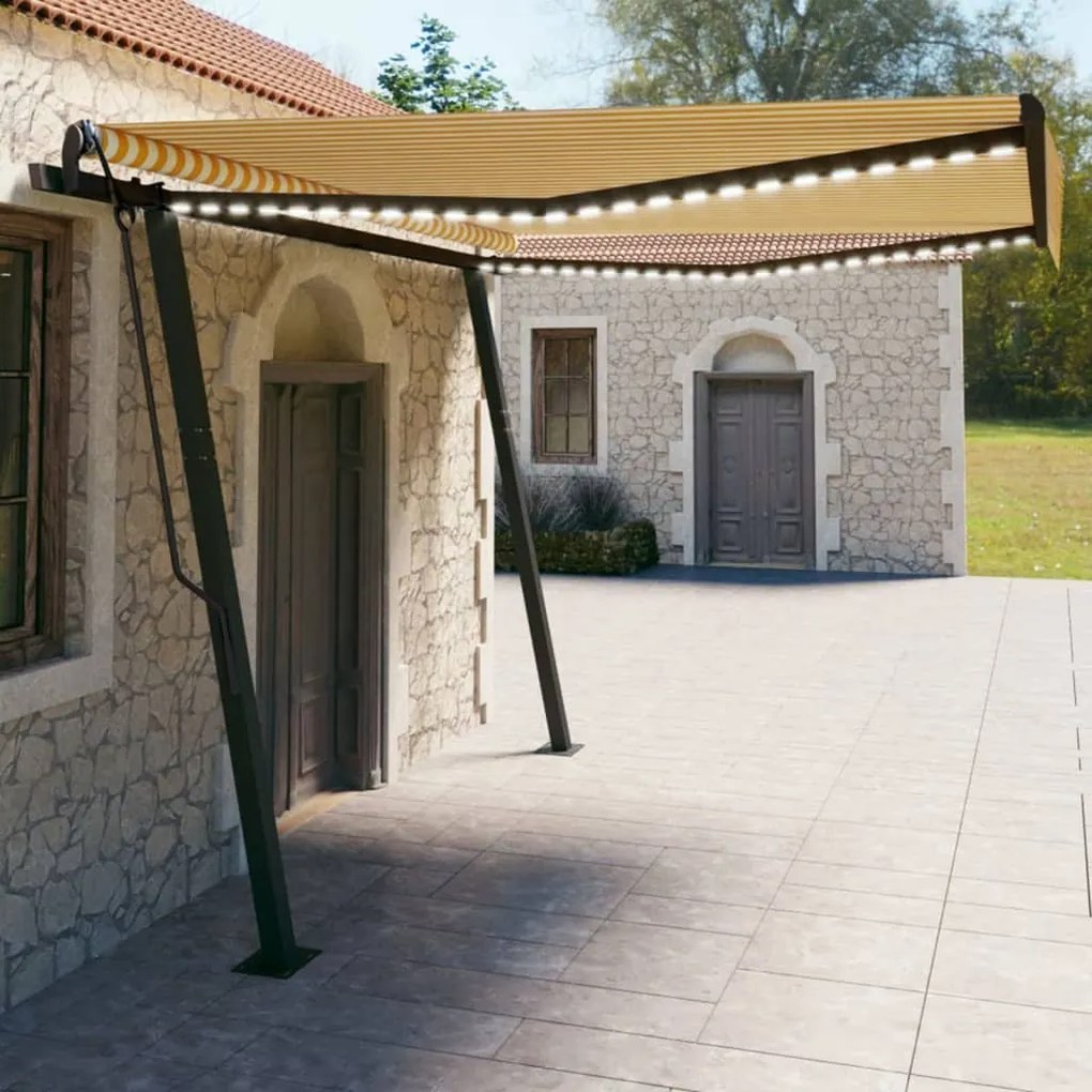 vidaXL Toldo retrátil manual com luzes LED 4x3 m amarelo e branco