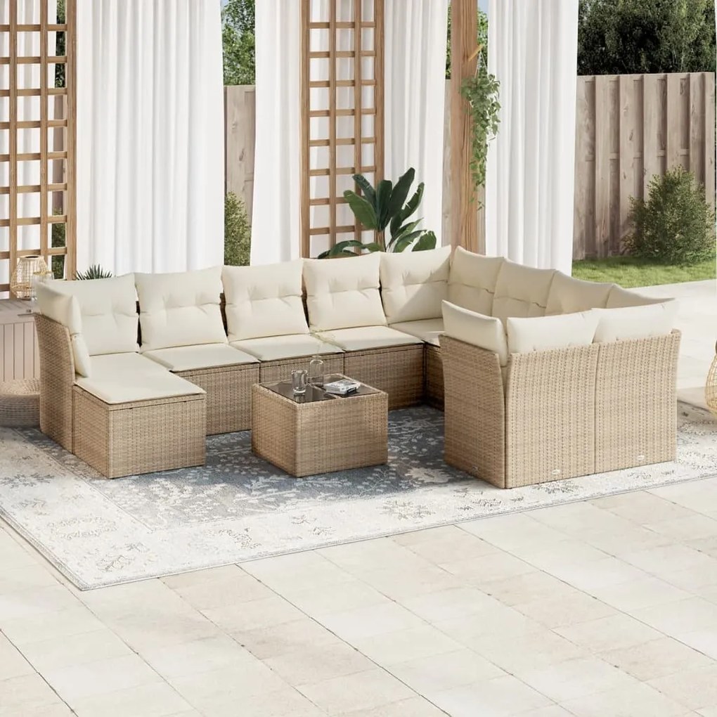 11 pcs conjunto sofás de jardim c/ almofadões vime PE bege
