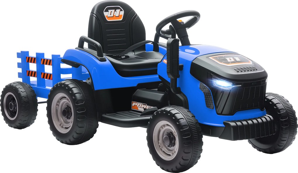 AIYAPLAY Trator Elétrico para Crianças com Reboque Desmontável Bateria 12V Velocidade 3-5 km/h Controle Remoto 2,4G 139x58x55 cm Azul | Aosom Portugal