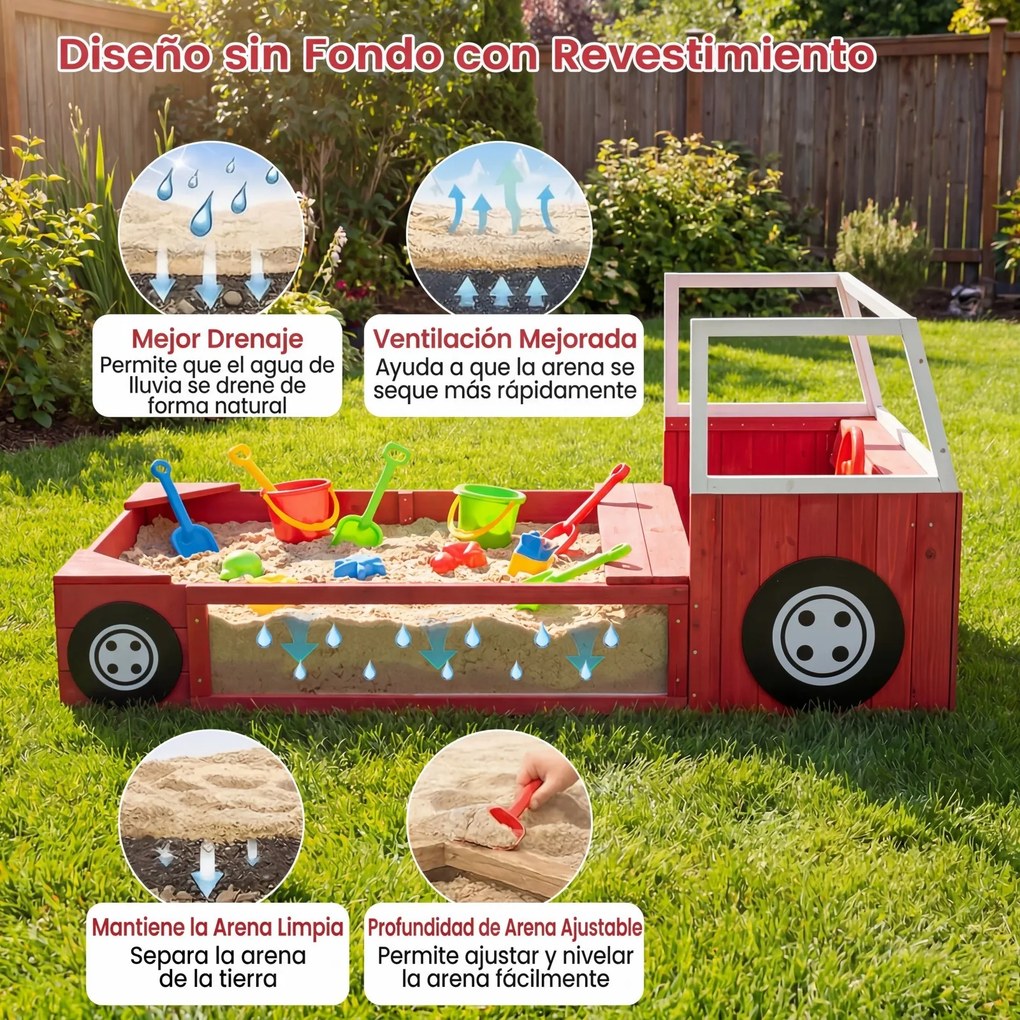 Caixa de areia infantil em madeira de abeto, em forma de camião dos bombeiros 156 x 80 x 70 cm, com banco, volante giratório, 2 assentos e tapete, , v