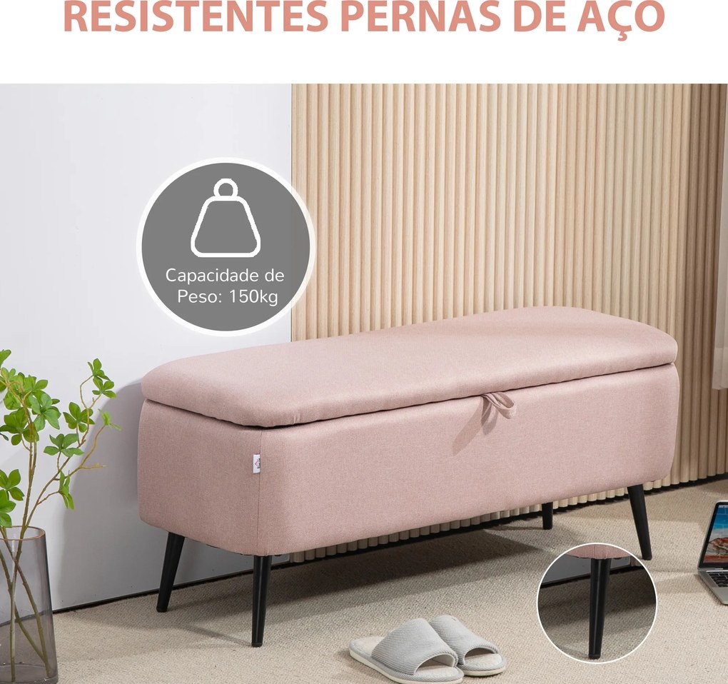Banco de Armazenamento Estofado em Linho com Tampa Abatível e Pés de Aço Carga Máxima 150kg 101x38,5x44,5 cm Rosa